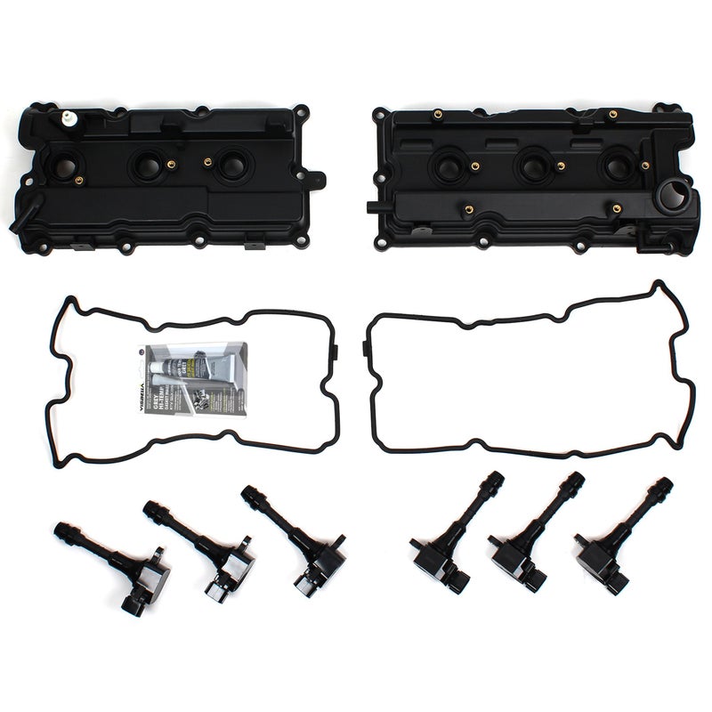 CNS Valve Covers with Gaskets, Spark Plug Tube Seals, and Ignition Coils Compatible with 02-09 Nissan/Infiniti 3.5L 3498CC DOHC V6"VQ35DE" - Image 1